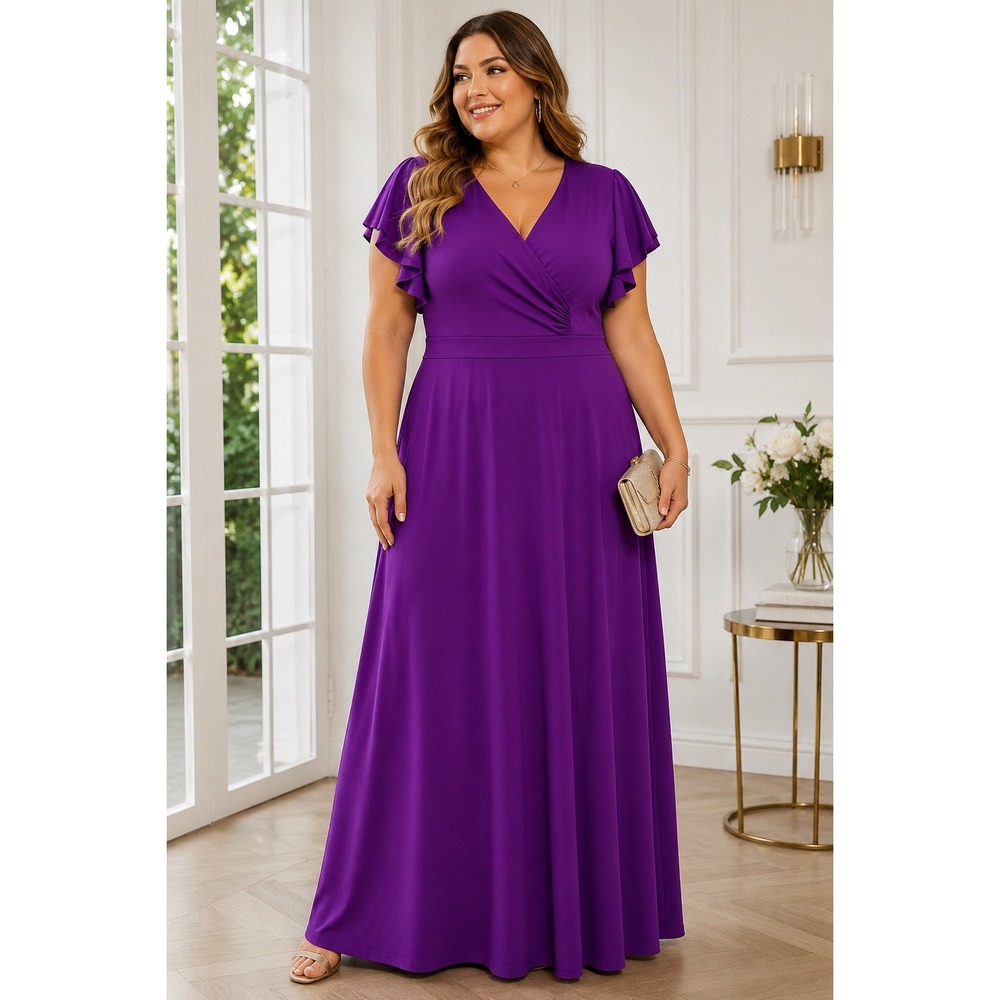 Purple Flutter Sleeve V-Neck Midi Dress - Brand: